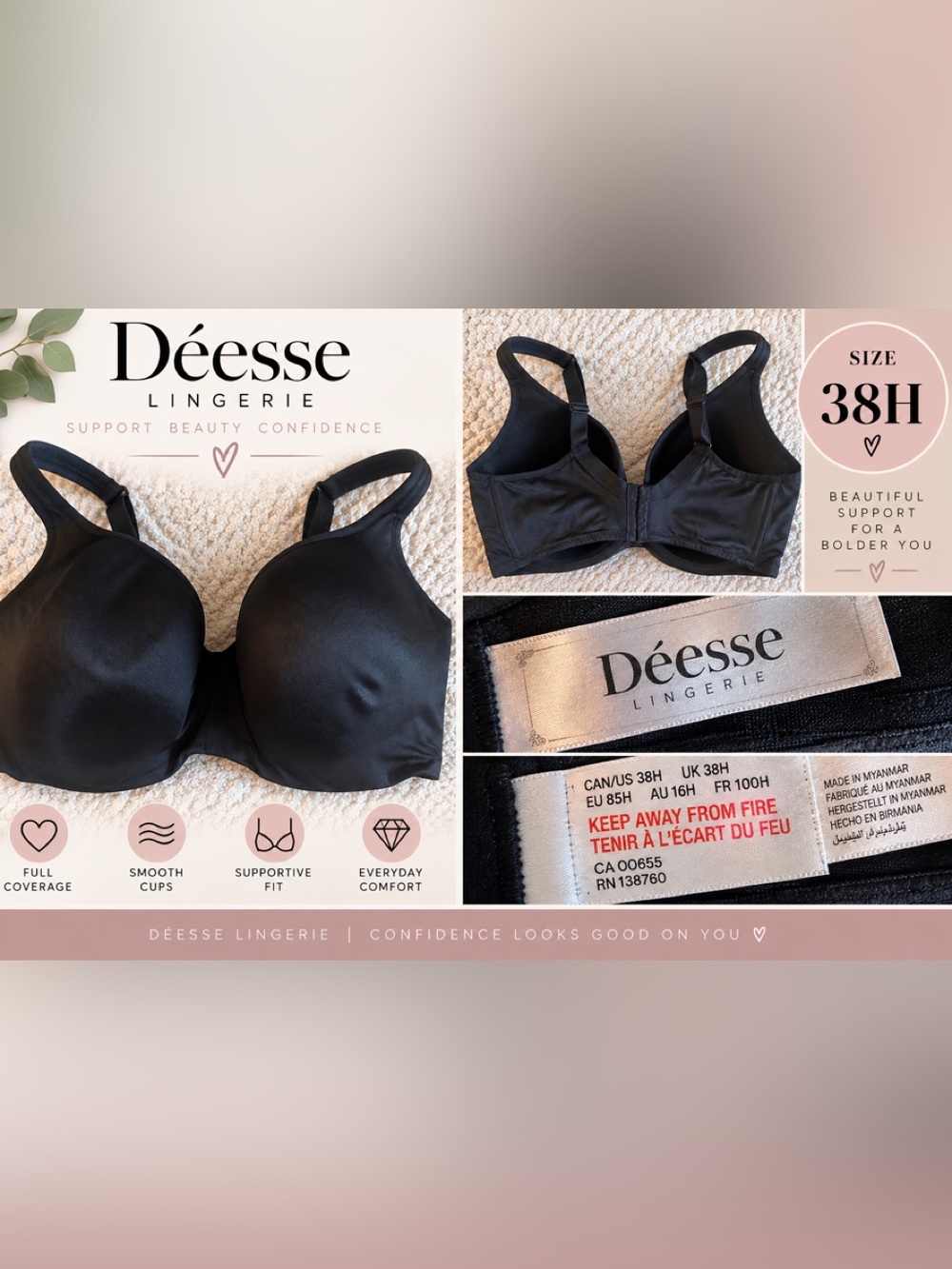 Déesse Lingerie Black Smooth Support Bra 38 H